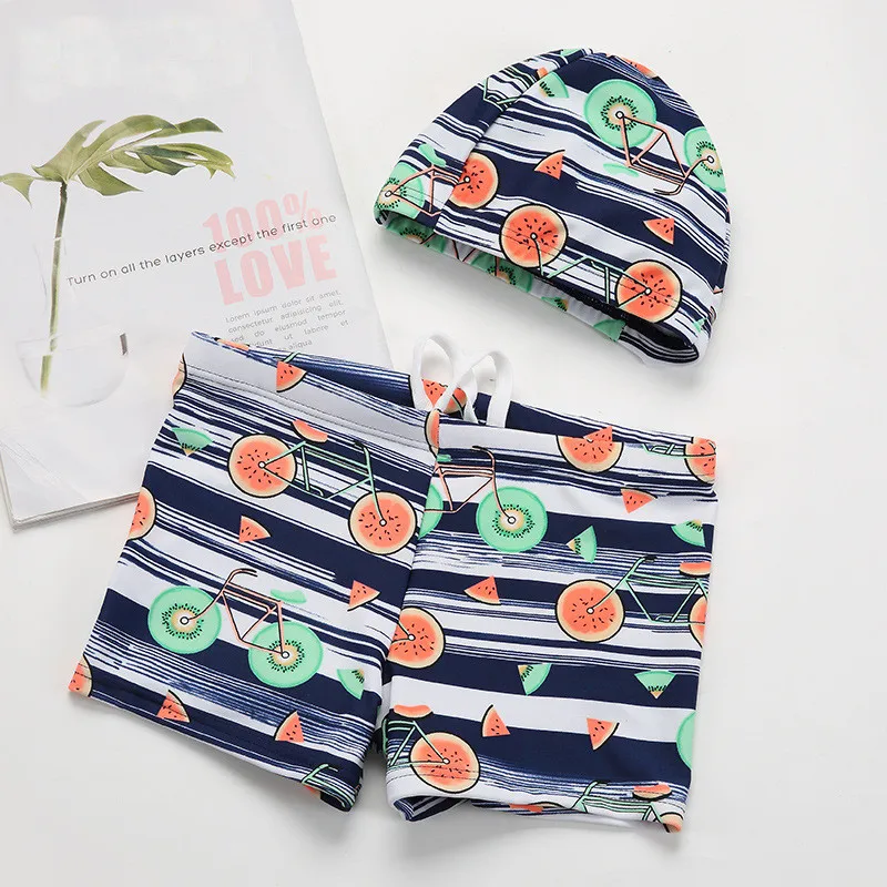 

2019 Boy Beach Swimsuit Summer Boys Clothes Cotton Fruit Bicycle Print Cartoon Kids Swimming Bath Swear Briefs+Hat Boys Clothes