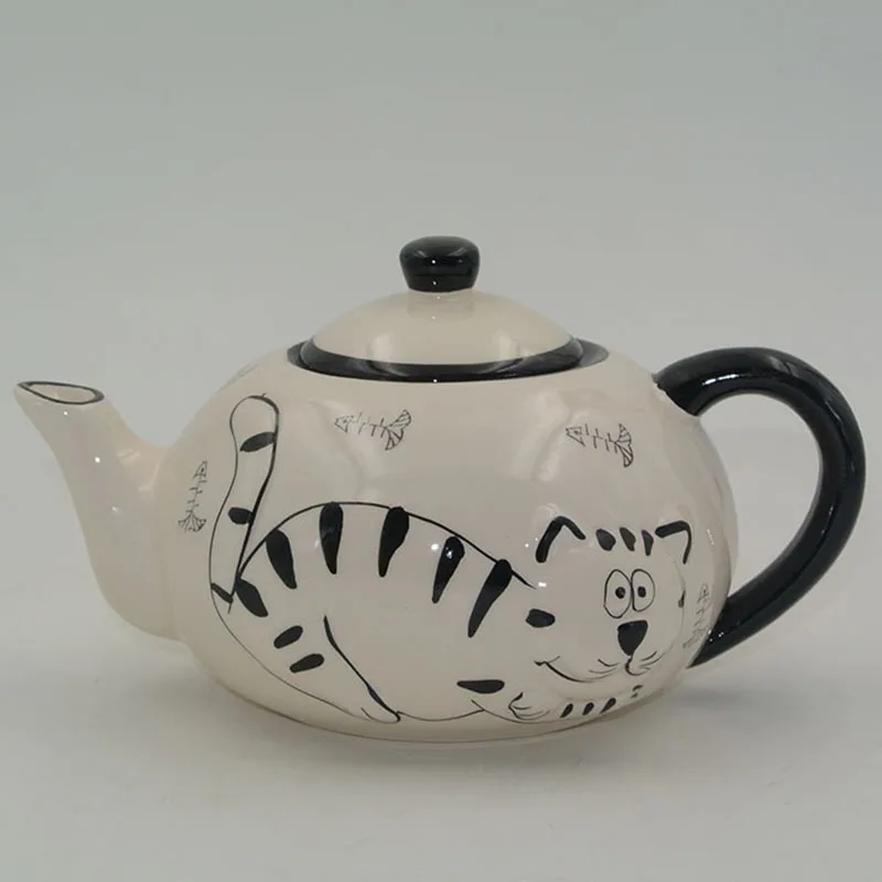 free shipping high quality white and black ceramic cute cat teapot