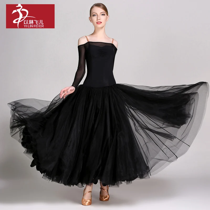 

A0038 Black & Red Ballroom Dress with Long Mesh Sleeves for Adult Woman Waltz and Tango Stage Performance Costumes Dance Skirt