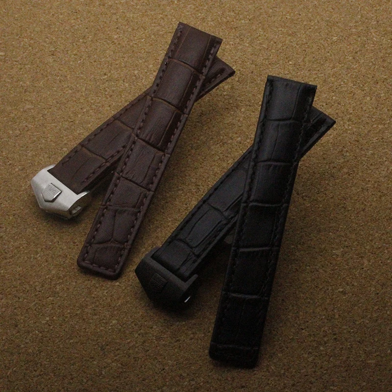 1pcs 19mm 20mm 22mm New MEN Watchband Black Brown Genuine Leather Strap Silver Butterfly Deployment Clasp