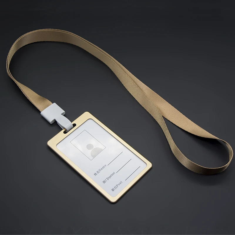 

1pcs Gold Color ID Name Card Case Aluminum Alloy Business Card Badge Holder with Neck Lanyard Strap Company Office Supplies