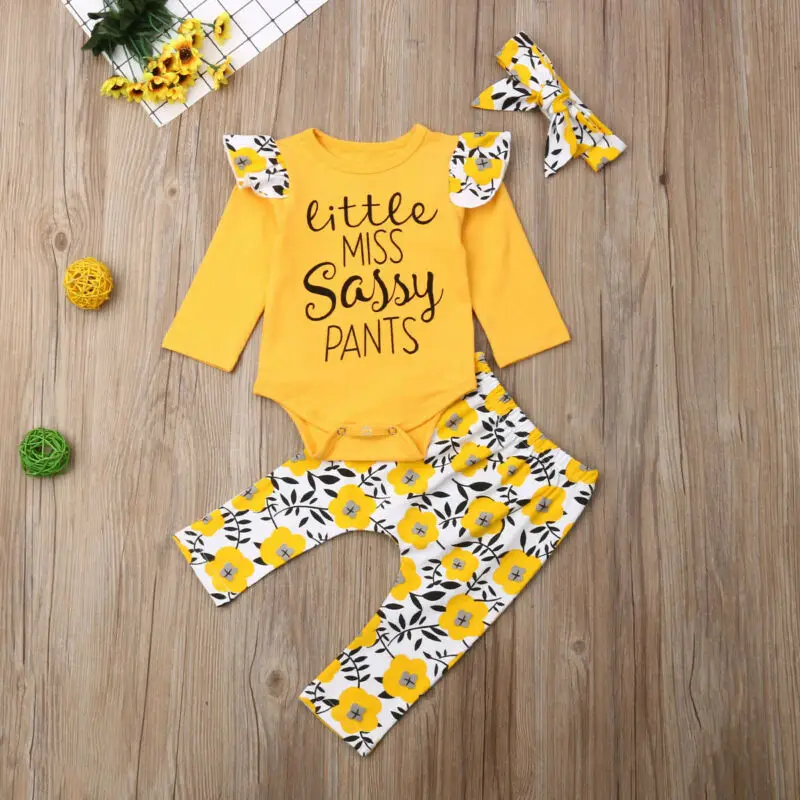 

Newborn Kid Baby Girl Clothes Sassy Dasiy Long Sleeve Ruffle Romper Top Print Long Pants Cotton Outfit Sets Girls Clothes