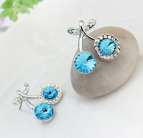 Женские корейские японские серьги Вишенки с кристаллами Swarovski милые растениями