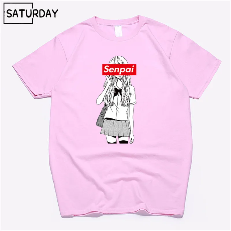 Мужская футболка Senpai из хлопка с черным принтом для девочек, женская уличная футболка, хлопковая футболка унисекс, одежда в стиле Харадзюку - Цвет: T74a-pink
