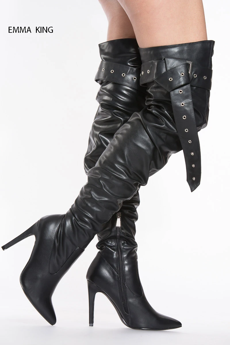 

Autumn Winter Black Thigh High Boots Zapatos De Mujer Side Zipper Pointed Toe Over The Knee Boots Thin High Heels Shoes Woman