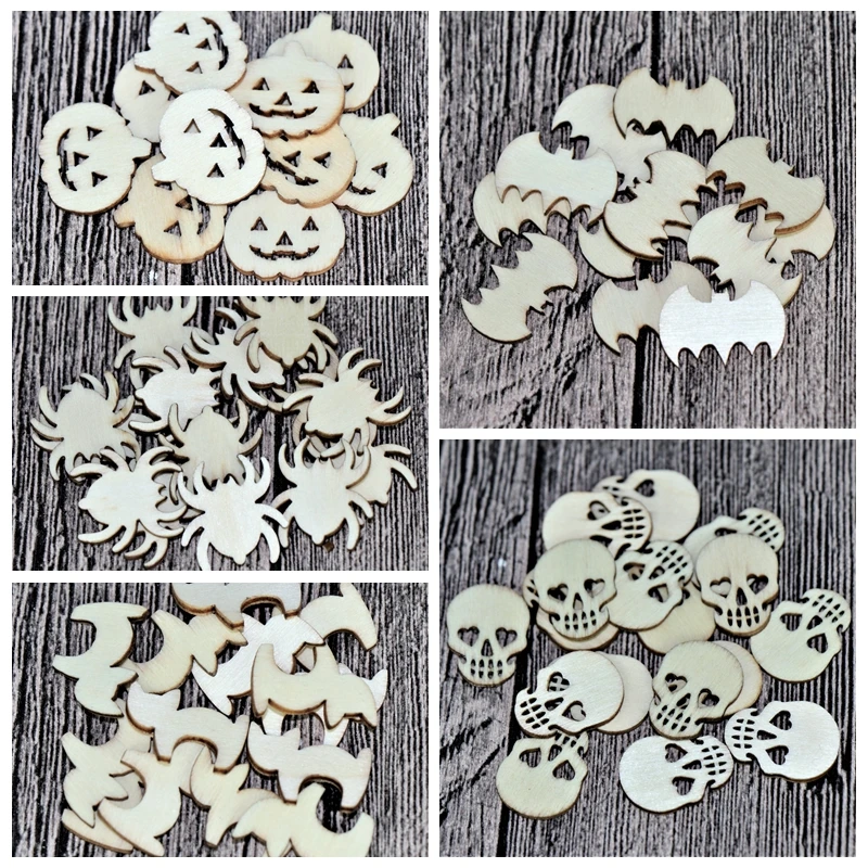 

(5 Styles,150pcs/set) 20mm Blank Wood Halloween Party Owl Skull Bat Pumpkin Cat Spider 0.08"-b002
