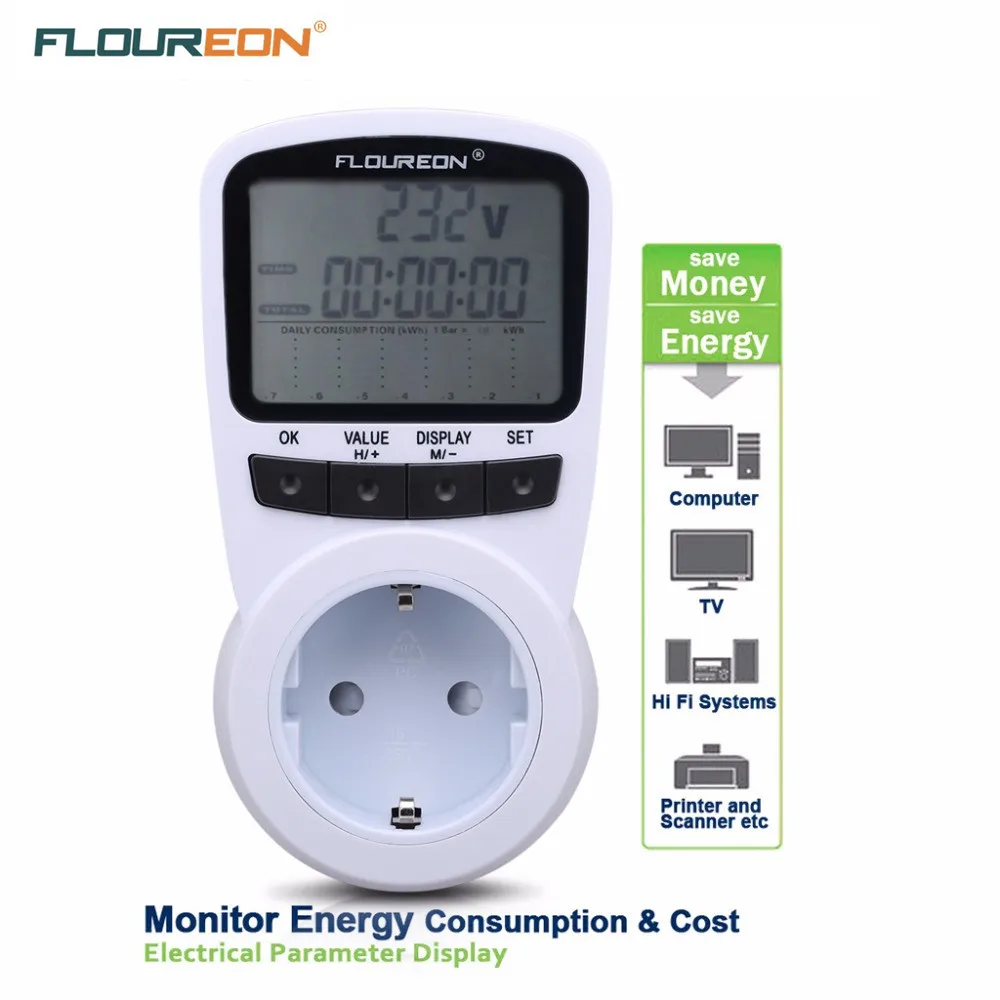 Floureon Energy Meter Socket with Overload Protection Function EU Plug Programmable Power Meter