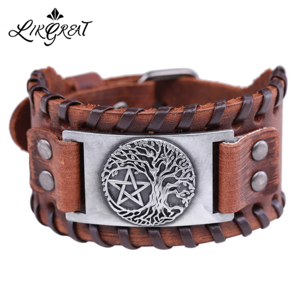 LIKGREAT Tree of Life подвеска с пентаграммой браслет для мужчин кожа Wicca винтажные