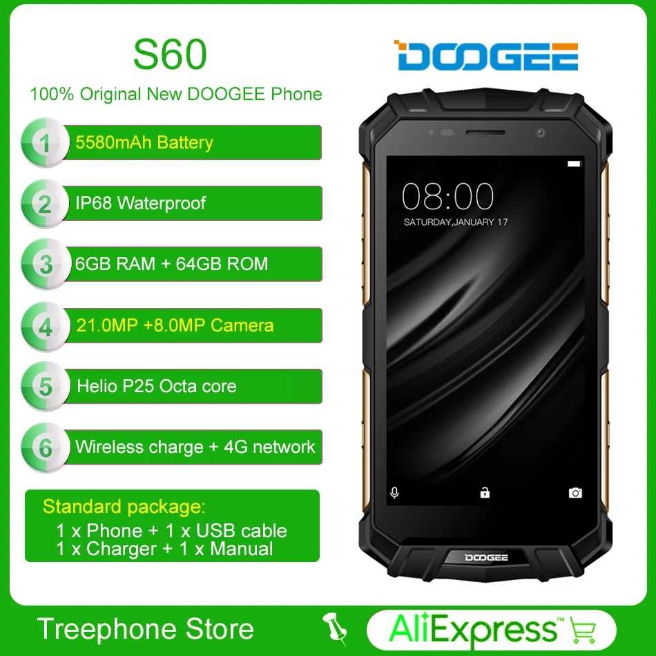 DOOGEE S60 водонепроницаемый смартфон с IP68 Беспроводной и Быстрая зарядка 21.0MP Камера