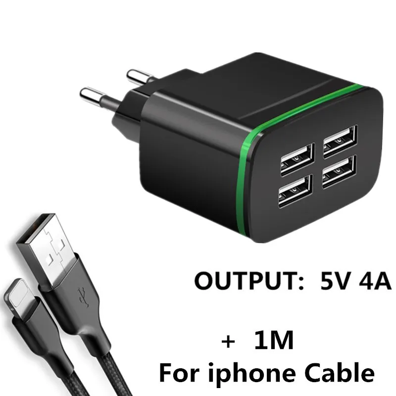4-Порты USB Зарядное устройство EU(евро), быстрое Зарядное устройство для iPhone samsung huawei 5V 4A мобильного телефона, Универсальные наушники Быстрая зарядка светодиодный светильник настенный адаптер - Тип штекера: Charger ip Cable