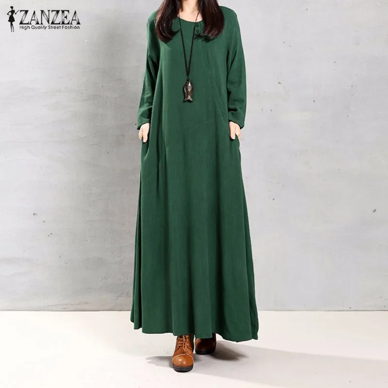 ZANZEA Autumn 2016 Women Dress Ladies O Neck Long Sleeve Casual Cotton Long Maxi Party Dresses
