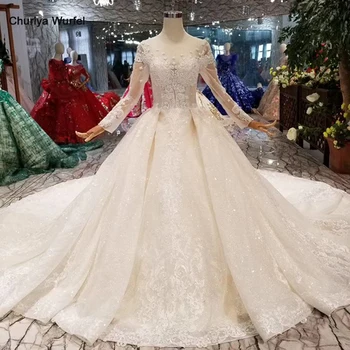

Simple Wedding Dress with long train o-neck long sleeve lace up v-back bridal dress up flower wedding gown dress discount HTL007