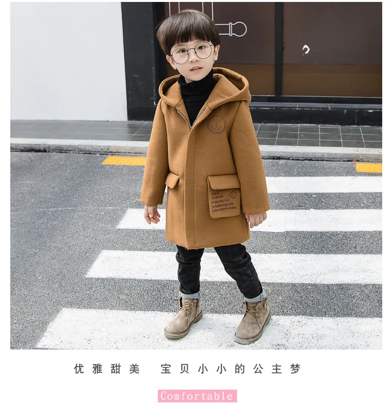 Шерстяное пальто для мальчиков детская одежда топы, верхняя одежда для мальчиков-подростков на осень-зиму шерстяное пальто детское пальто куртка с капюшоном детские пальто
