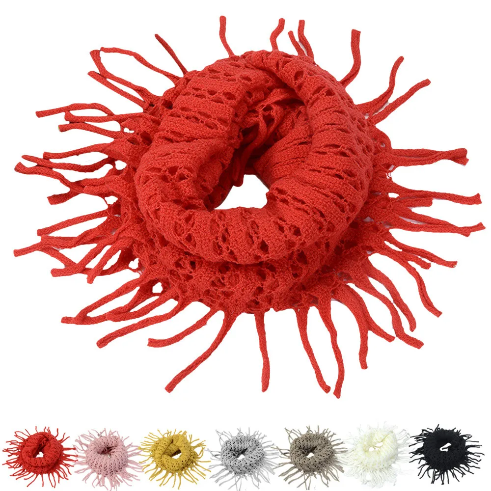 

2017 Fashion Women's Winter Warm Knitted Tassel Wool Snood Scarf Solid Soft Cowl Neck Circle Shawl Wrap Scarves bufanda 48-60cm