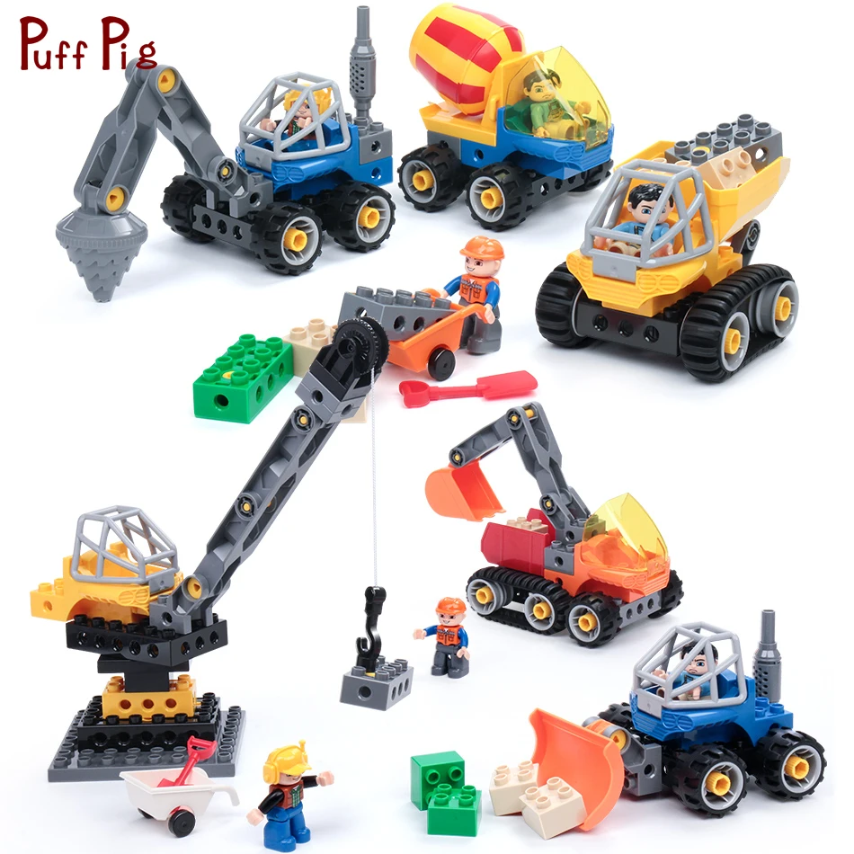

Mini Engineering Cranes Bulldozer Truck Big Size Building Blocks Vehicle DIY Toys For Children Compatible Duplo Bricks Kid Gifts