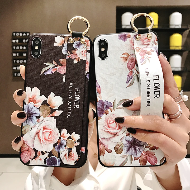 

Wrist strap soft case for iphone XS MAX cover X XR 6 6S 7 8 plus 7plus for galaxy S8 S9 S10 plus note8 note9 s10e vintage flower