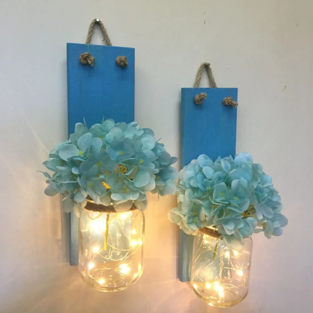 

Rustic Handmade Wall Sconce With LED Lights, Set of 2 Hanging Mason Jar Sconces, Wooden Candle Holder, Mason Jar Candle Holder