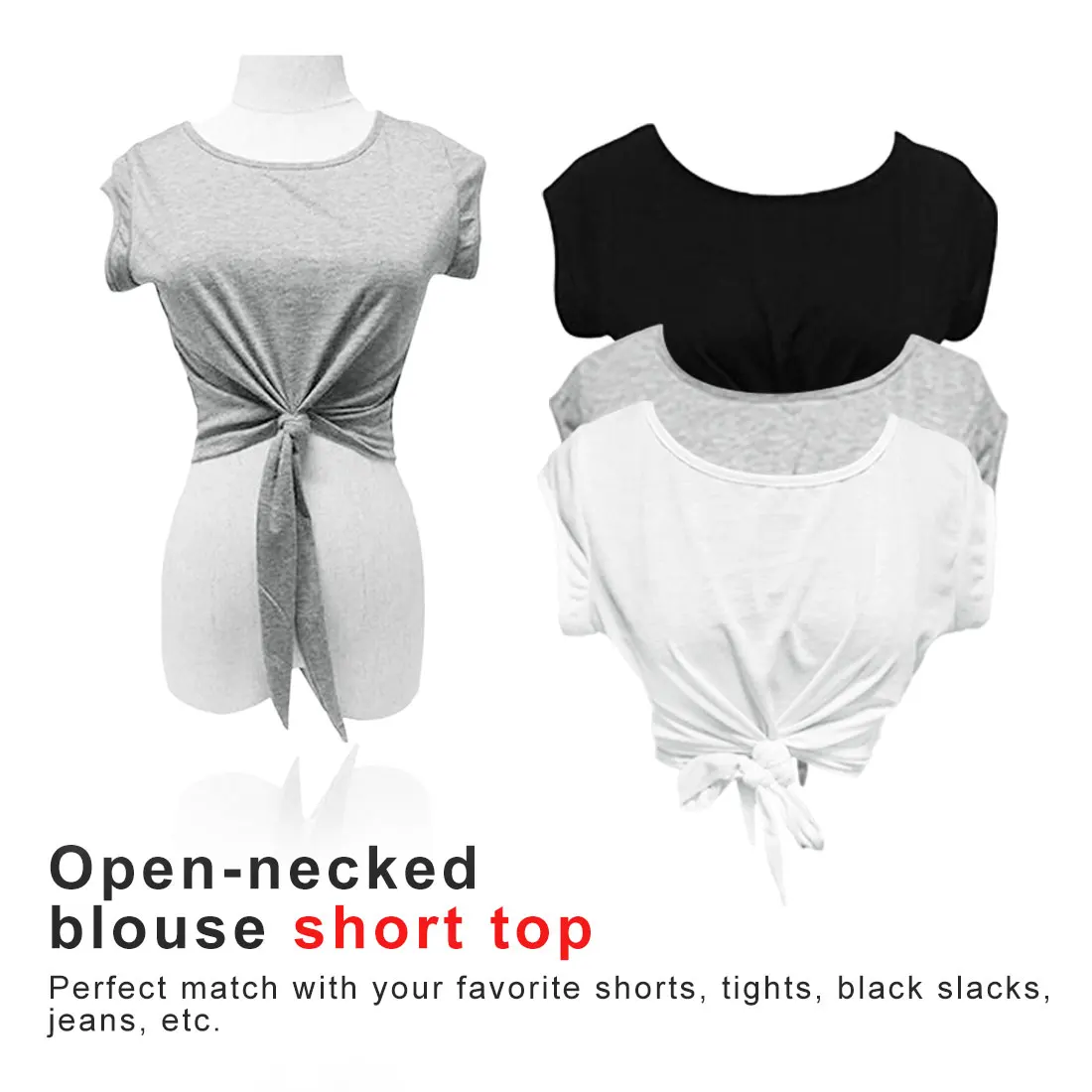

Women Knotted Tie Front Crop Tops Cropped T Shirt Casual Tanks White Grey Color