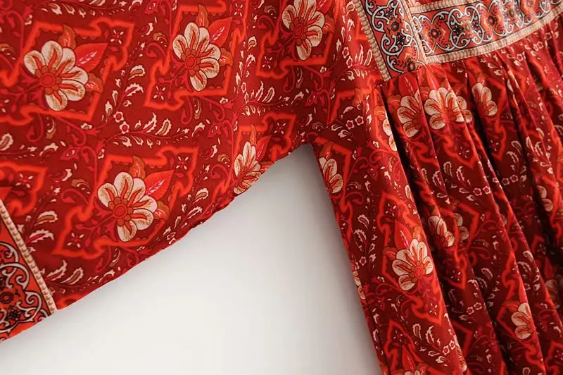 Boho Новое красное Цветочное платье-кимоно из вискозы с рукавом, свободное Летнее мини-платье с круглым вырезом, плиссированное богемное шикарное праздничное уличная женская одежда