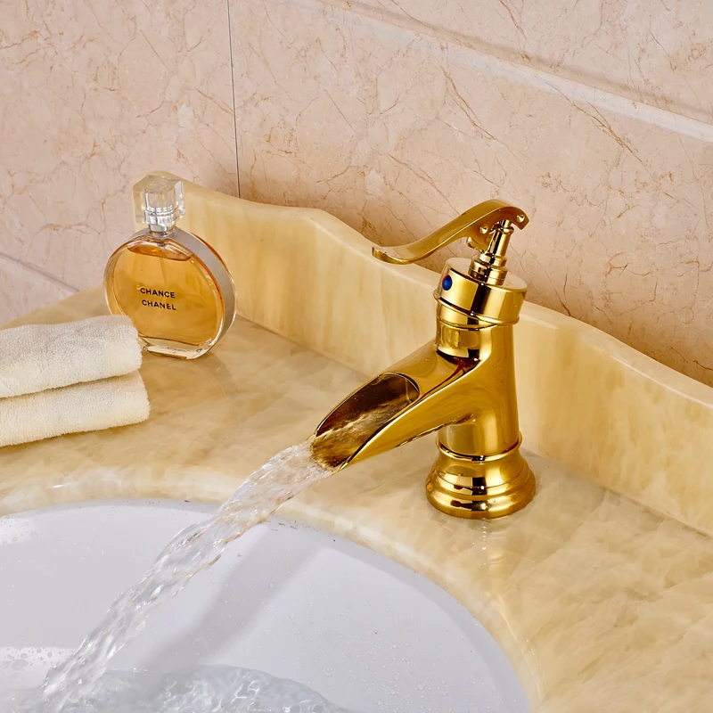 spedizione gratuita ottone deck mounted bagno rubinetti manico unico cascata doro rubinetto lavabo