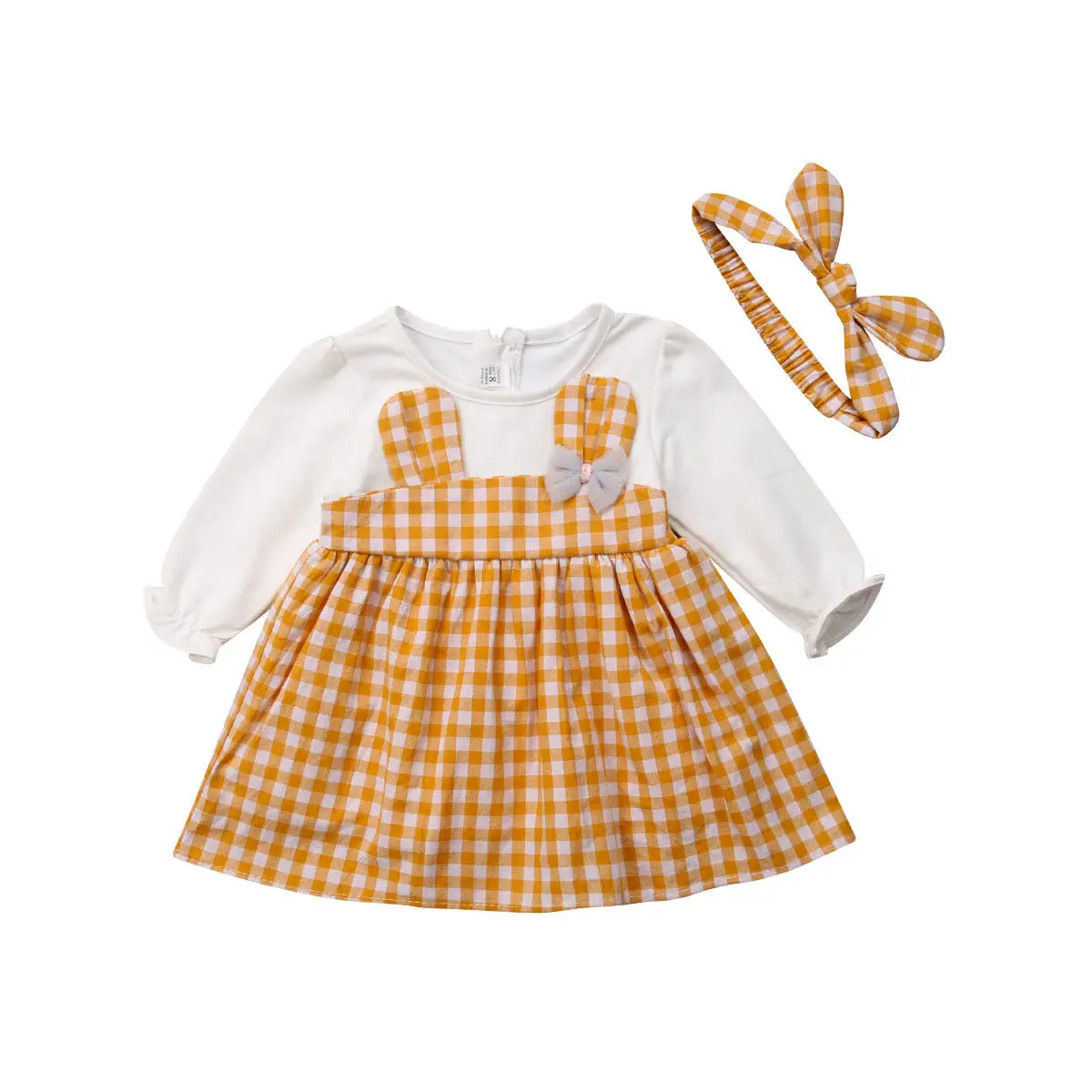 Милое платье принцессы для новорожденных девочек 2 предмета, платье трапециевидной формы в клетку с длинными рукавами и рисунком кролика+ повязка на голову - Цвет: Цвет: желтый