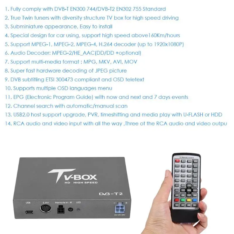 Car Mobile DVB-T2 Digital TV Receiver Tuner Box for In Car DVD Video System