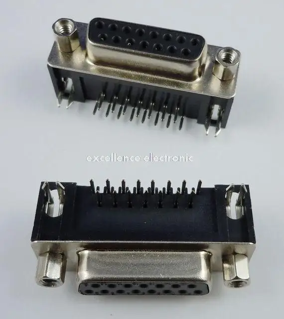 

10 Pcs D-SUB Right Angle 15 Pin Female Serial Port 90 Degrees PCB Connector 2 Rows DB15F Black