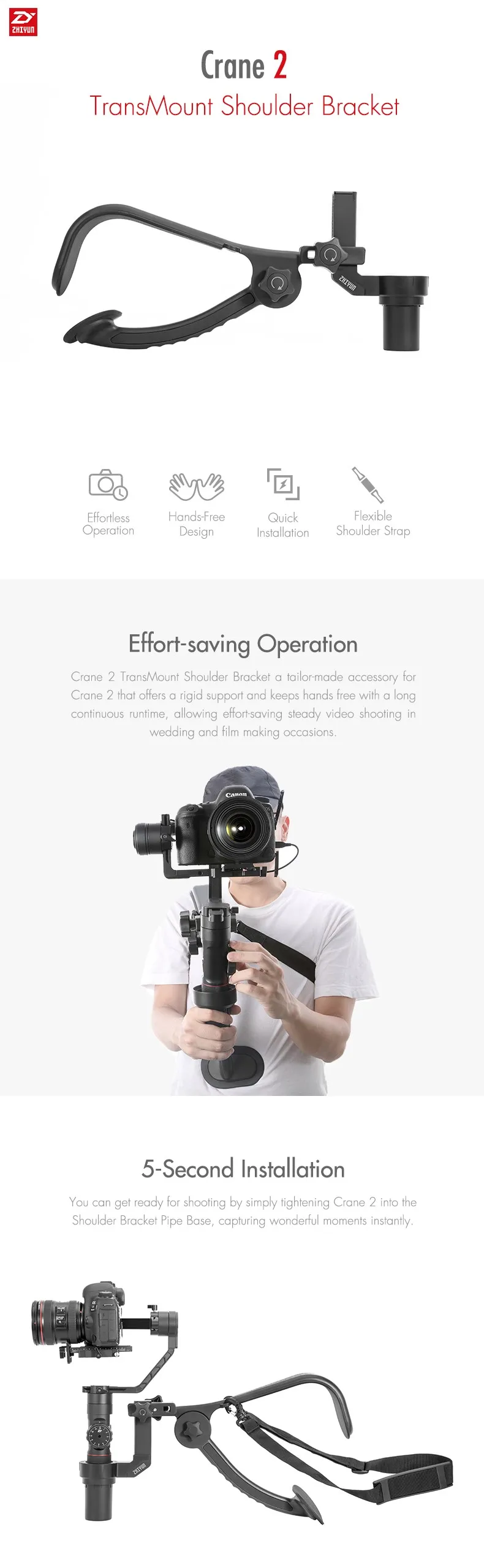 Zhiyun TransMount Shoulder Bracket 5-Second Quick Installation Flexible Shoulder Strap for Crane 2 Gimbal Stabilizer Accessories