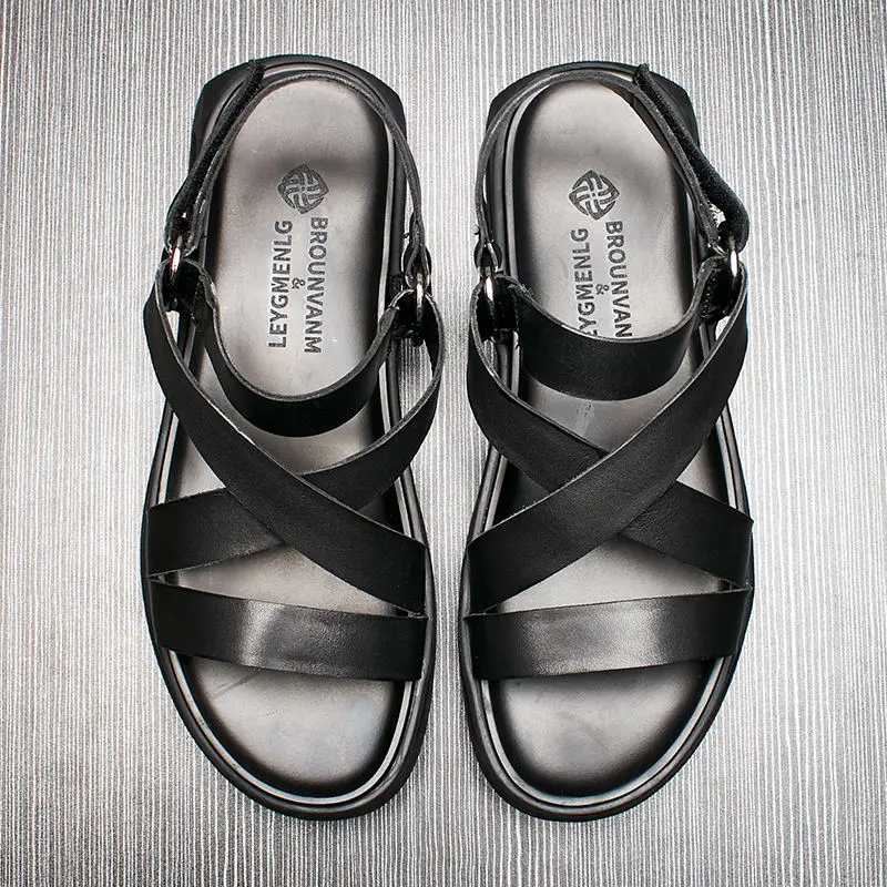 Classical Mens Ankle Strap Leather Sandals Retro Nallow Band Rome Shoes Cool Boy Summer Cross-tied Sllides Beach Shoes