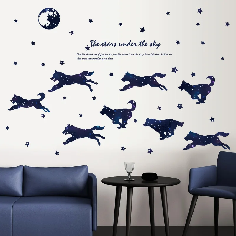 Group of wolves moon stars silhouette wall stickers wolf under sky bedroom living room TV wall