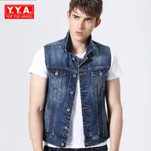 Homens colete 2018 Fahsion Coreano Casual Hot Sale Mangas Slim Fit Denim Jackets Único Breasted Bolso Motor Calca Masculina