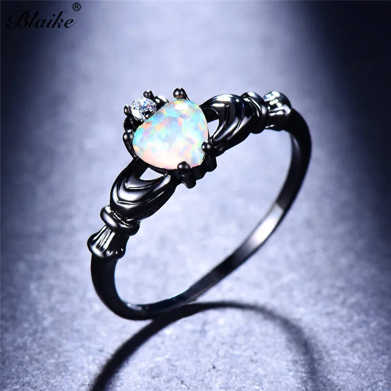Blaike Charming White Heart Fire Opal Claddagh Ring For Women Vintage Black Gold Filled
