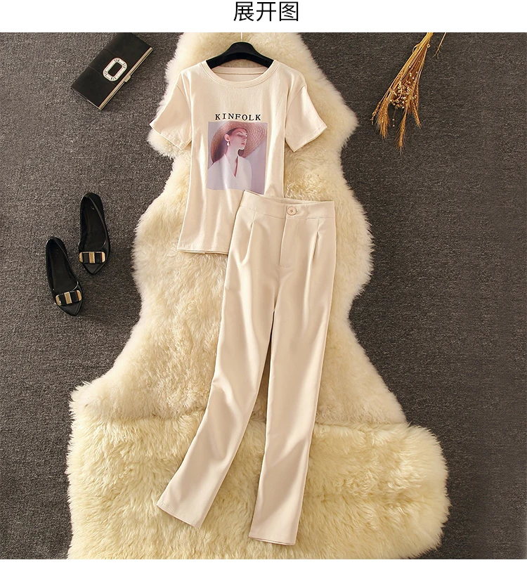 

Oshangchaopin New Arrive OL Pant Outfits Fashion Printed Casual Tshirt+Solid Color Trouser Plus Size Women 2-Piece Matching Suit