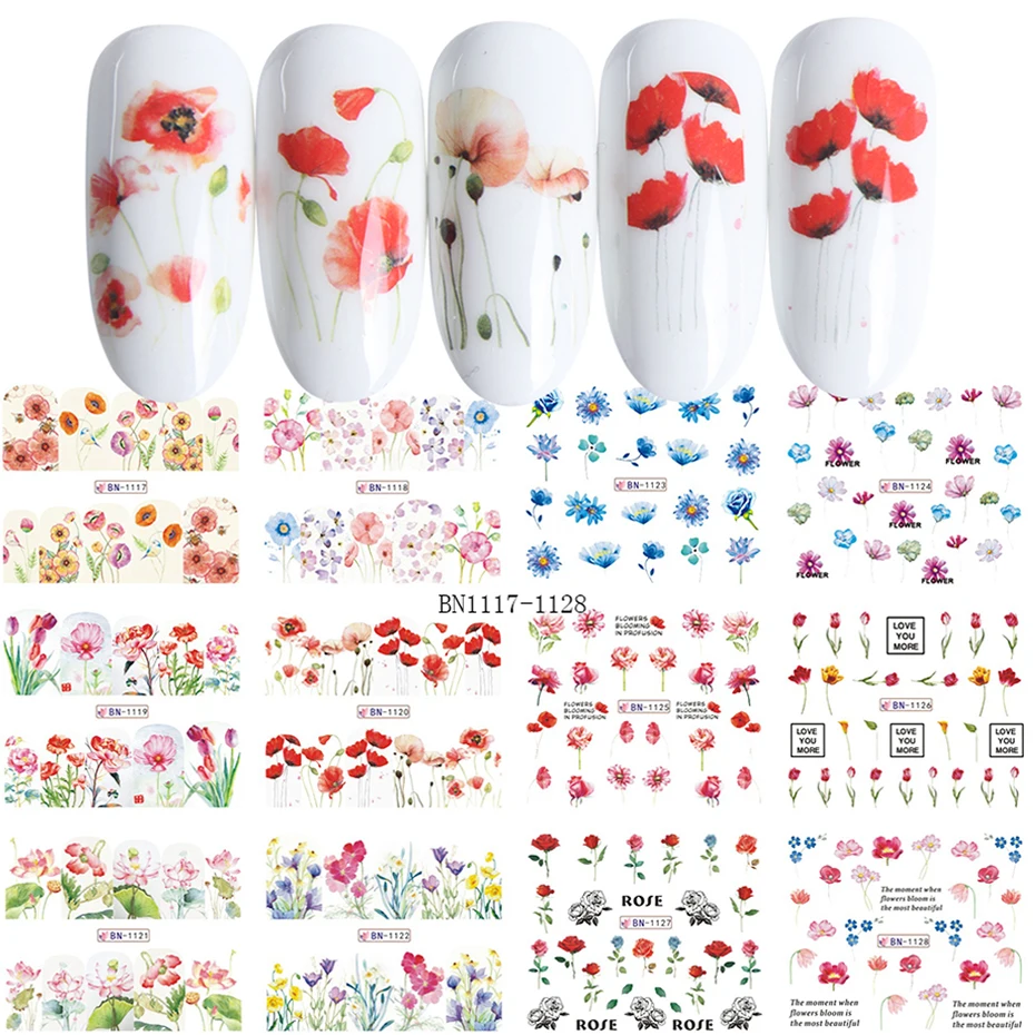 

12 Designs Colorful Flower Water Transfer Nail Sticker Full Wrap Sliders For Nail Polish Foil Decoration Manicure LEBN1117-1128