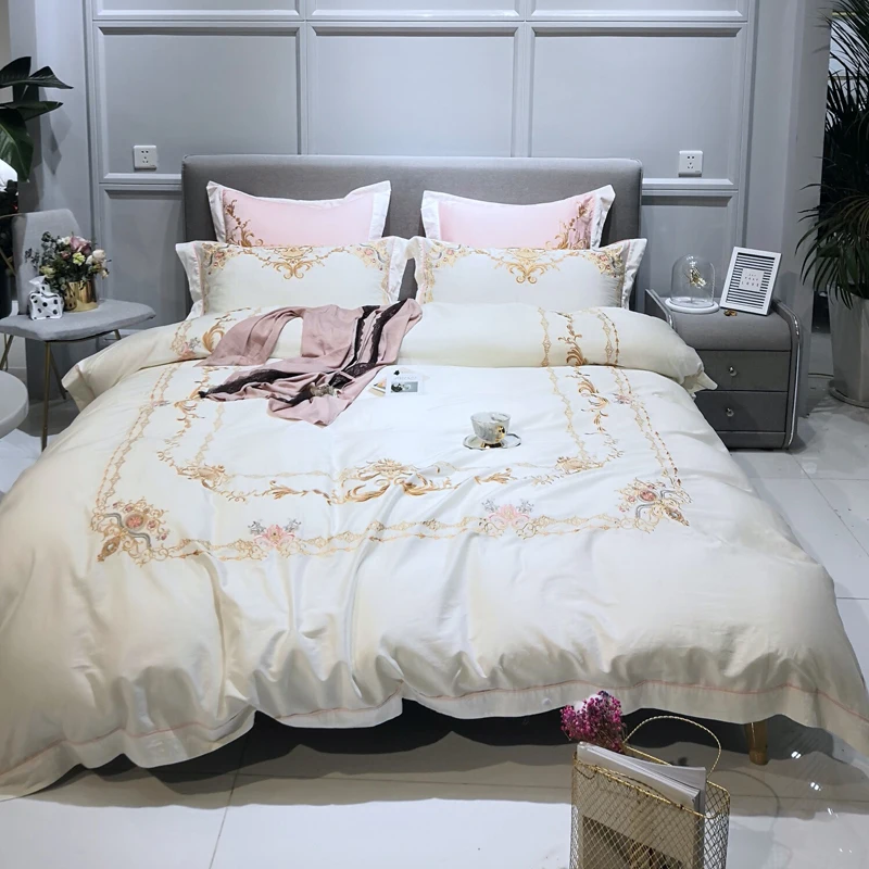 

2018 Noble European Golden Bedding Set Queen King Bedlinens Egyptian Cotton Duvet Cover Set Embroidery Pillowcases