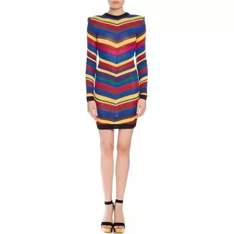 Высокое качество новейшая мода BAROCCO дизайнерское подиумное платье женские очаровательные цвета Полосатое открытое трикотажное платье