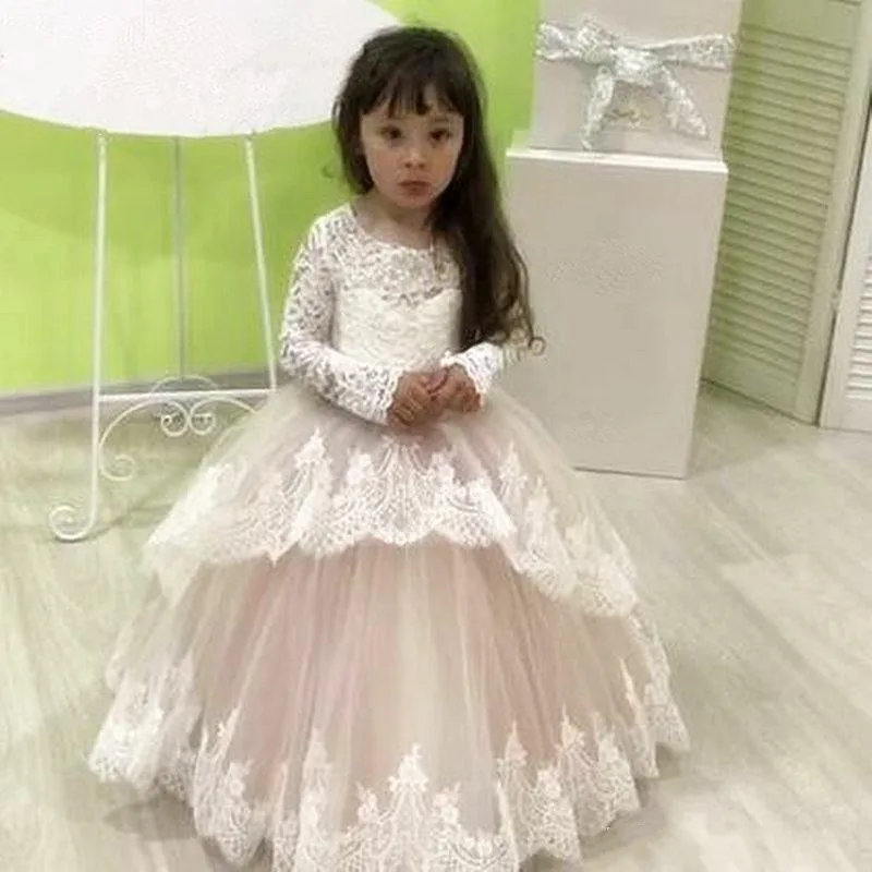

Long Puffy Tulle Flower Girl Dress For Wedding Lace Appliques Keyhole Back Big Bow Custom Made Girl Pageant Gowns