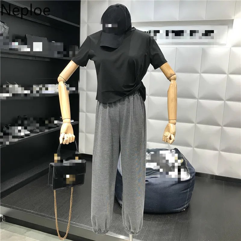 

Neploe Women Two Piece Outfits Summer 2019 Solid Knot O-Neck Short Sleeve T Shirts+Loose Stretch Waist Sweatpants 44646