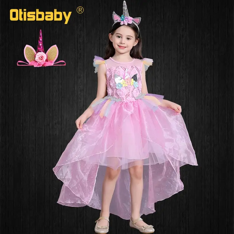 Детское платье с цветочным принтом и единорогом для дня рождения; костюм для девочек на Рождество и год; платье принцессы с длинным шлейфом для девочек; roupa infantil - Цвет: Pink Set