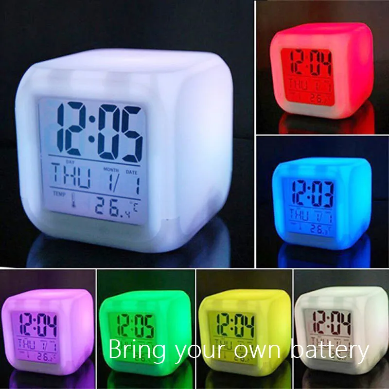 

LED Alarm Colock 7 Colors Changing Digital Desk Gadget Digital Alarm Thermometer Night Glowing Cube led Clock Home gift
