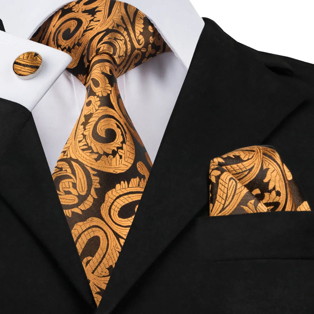 SN-988 Darkyellow Floral Tie Hanky Cufflinks Sets Men