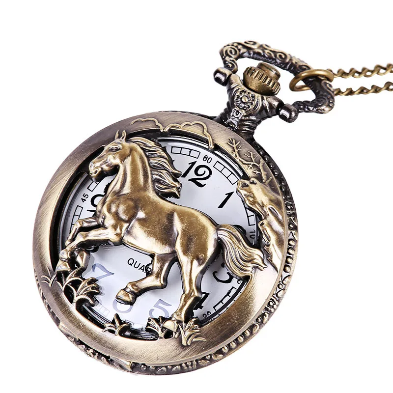 Pocket Watch Men Horse Pattern Quartz Vintage Chain Retro With Necklace Womens Gift 3