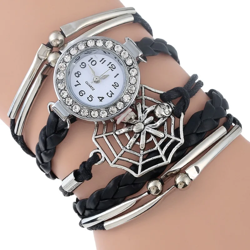 

Gnova Platinum Black Multilayer Bracelet Paracord Women Watch Spider Charm Vintage Fashion Rhinestone Quartz Wristwatch A990