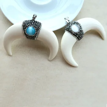 

5Pcs OX Horn shape white big Pendant,Pave Rhinestone Crystal agat e Caps Charms,DIY Jewelry necklace making supplies PD132