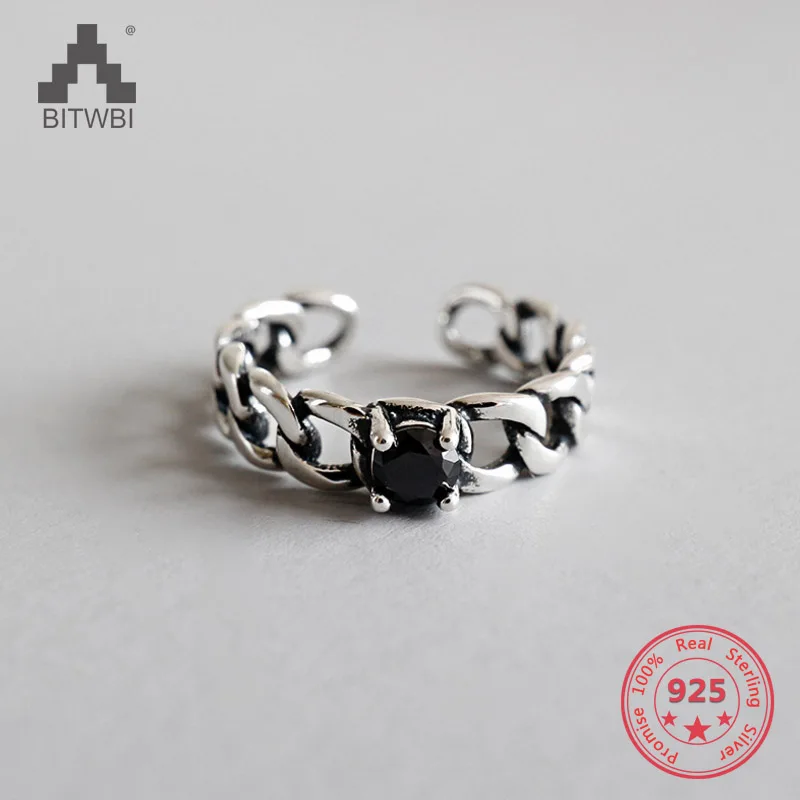 

Real 925 Sterling Silver Vintage Black Square Agate Chain Open Ring For Women Adjustable Fine Jewelry Punk Luxury Rings