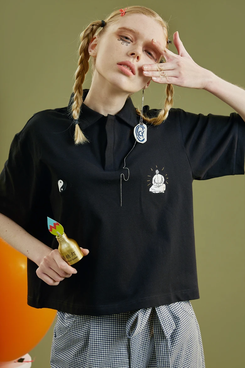 Новые летние рубашки с милой вышивкой из мультфильма, Черная Женская свободная модная футболка с коротким рукавом