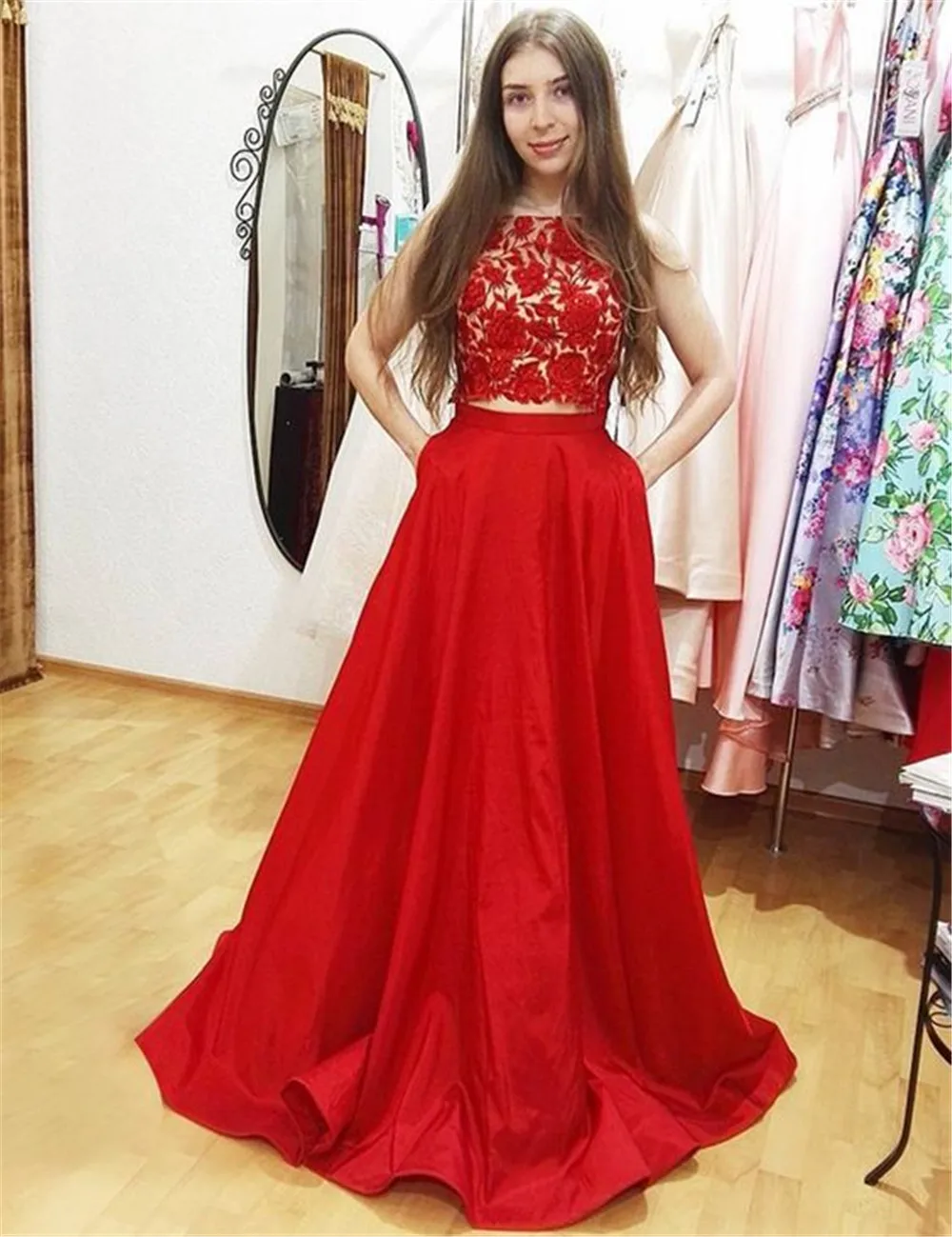 satin red two piece