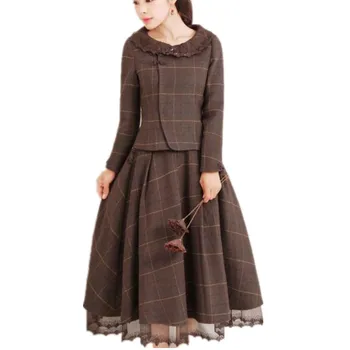 

two pieces sets women temperament retro slim waist slim wool jacket+woolen a-line skirt plus size 3XL
