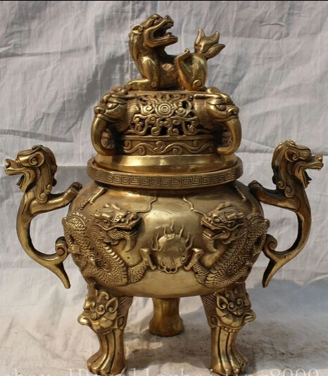

xd 002142 14" Folk Tibet Brass Fly Dragon Lion Beast Head Statue Incense Burner Censer