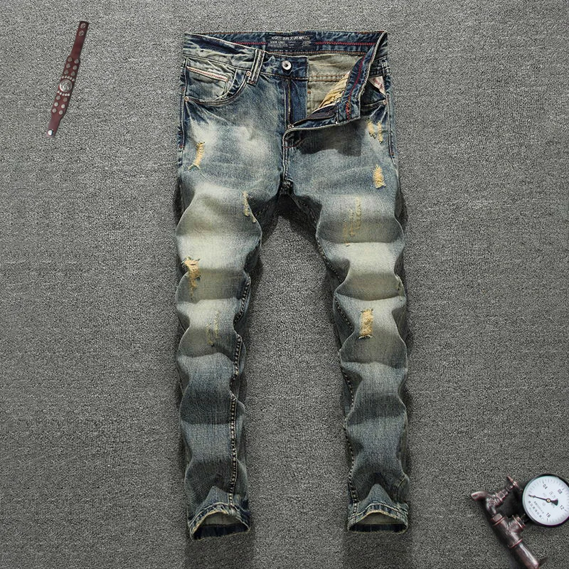 Итальянский Винтаж Стиль Для мужчин джинсы Slim Fit ретро мыть Рваные джинсы Для мужчин джинсовые штаны в стиле хип-хоп модная уличная Классические джинсы мужские